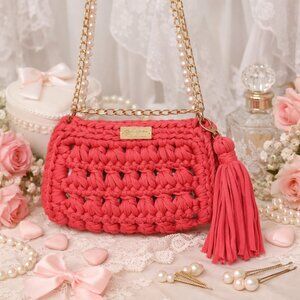 Coquette pinup girl grunge distressed pink crochet style woven tassle bag purse